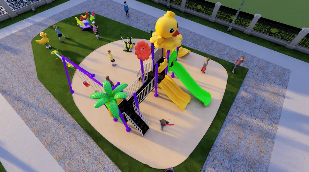 High-angle view of community playground with double slides, swings and spring riders