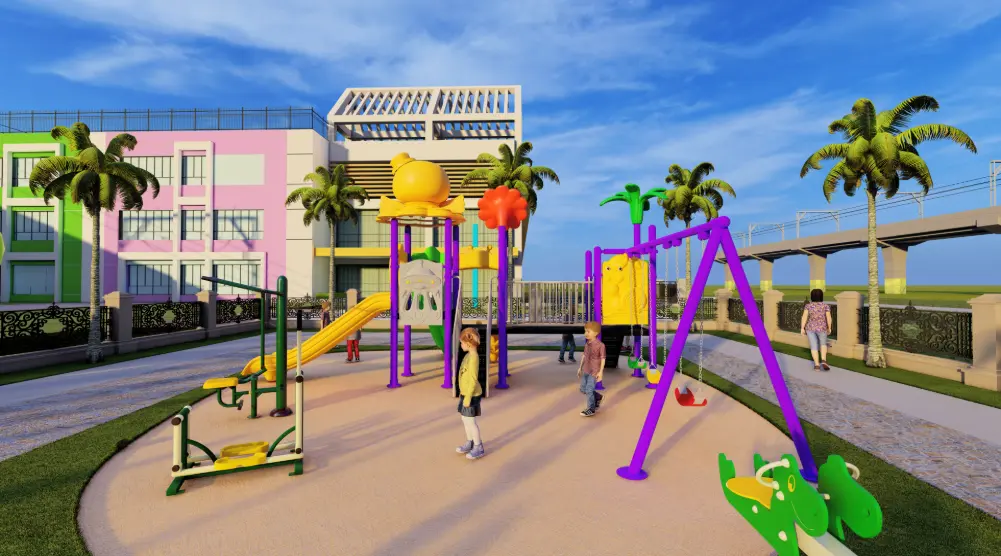 Wide front view of community playground with multi-play tower, swings and seesaws