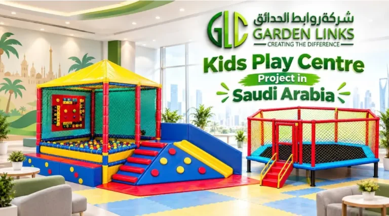 Kids play centre project in Saudi Arabia featuring indoor soft play equipment, a trampoline, slide, ball pool and padded flooring