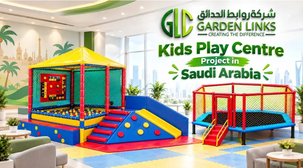 Kids play centre project in Saudi Arabia featuring indoor soft play equipment, a trampoline, slide, ball pool and padded flooring