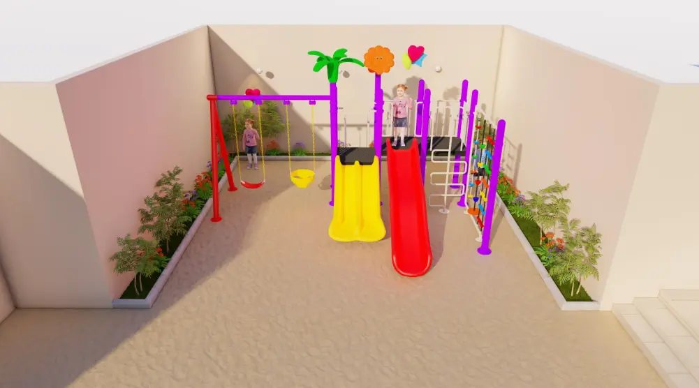 Bright front view of a compact courtyard playground with yellow double slide, red slide and climbing frame