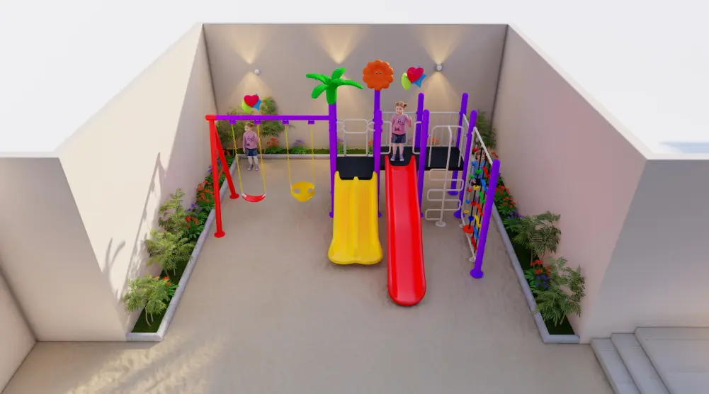 High front view of a 5 × 6 m courtyard playground with slides, swings and side planting