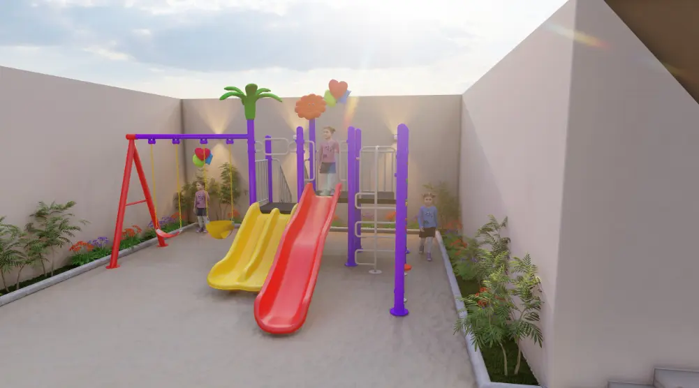 Sunlit angled view of red and yellow playground slides with swings and climbing activities