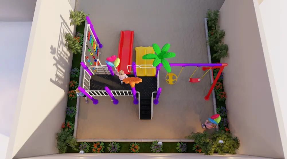 Rear aerial view of a courtyard playground showing climbing equipment, swings and slides
