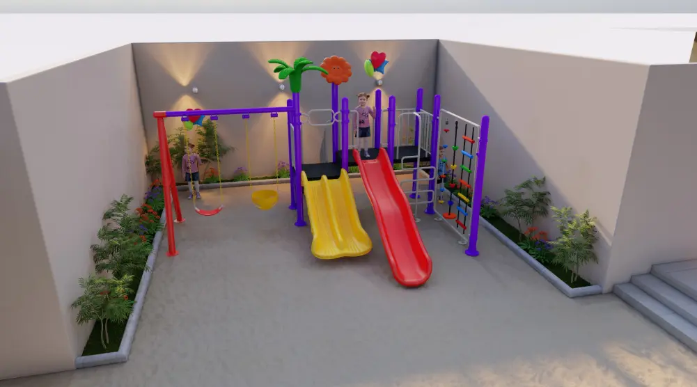 Raised view of a compact playground with red slide, yellow double slide and swings between courtyard walls