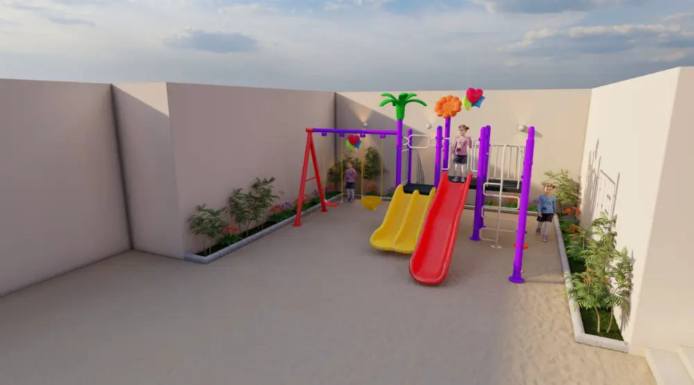 Wide angled view of a 5 × 6 m courtyard playground with slides and planted borders
