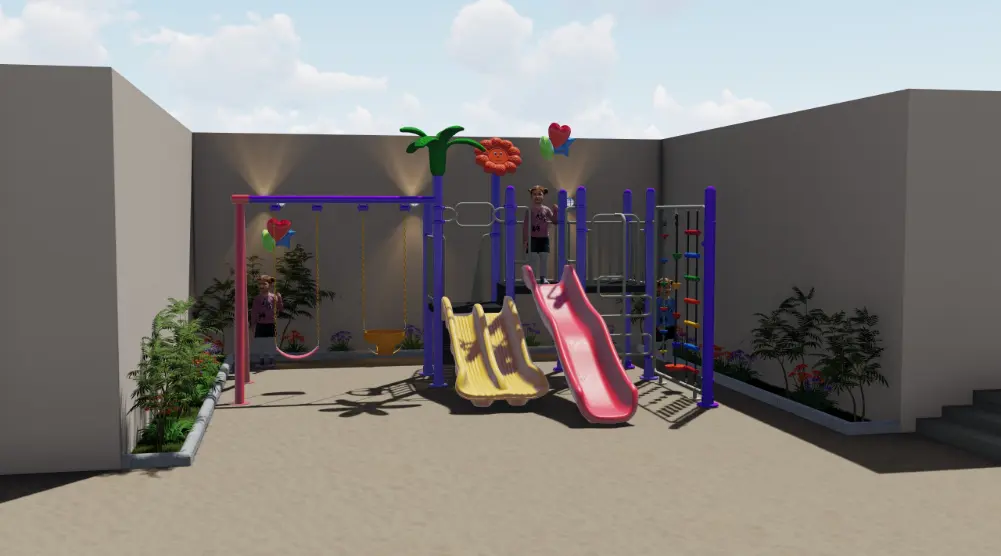 Shaded front view of a courtyard playground with yellow double slide, red slide and swings
