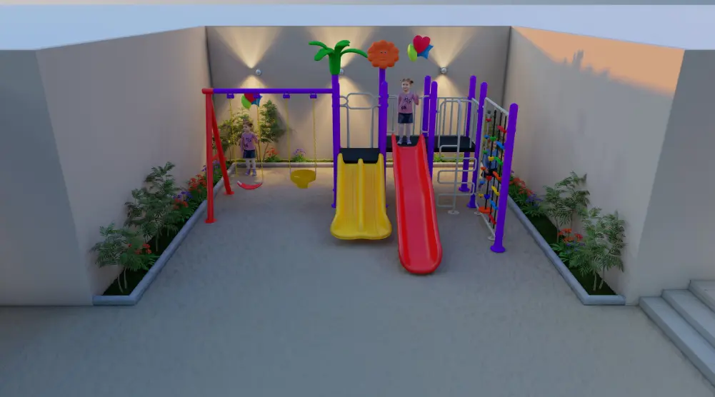 Elevated front view of a compact courtyard playground with slides, swings and purple support posts