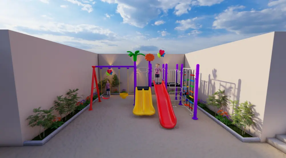 Front view of a 5 × 6 m courtyard playground with red and yellow slides, swings and climbing activities