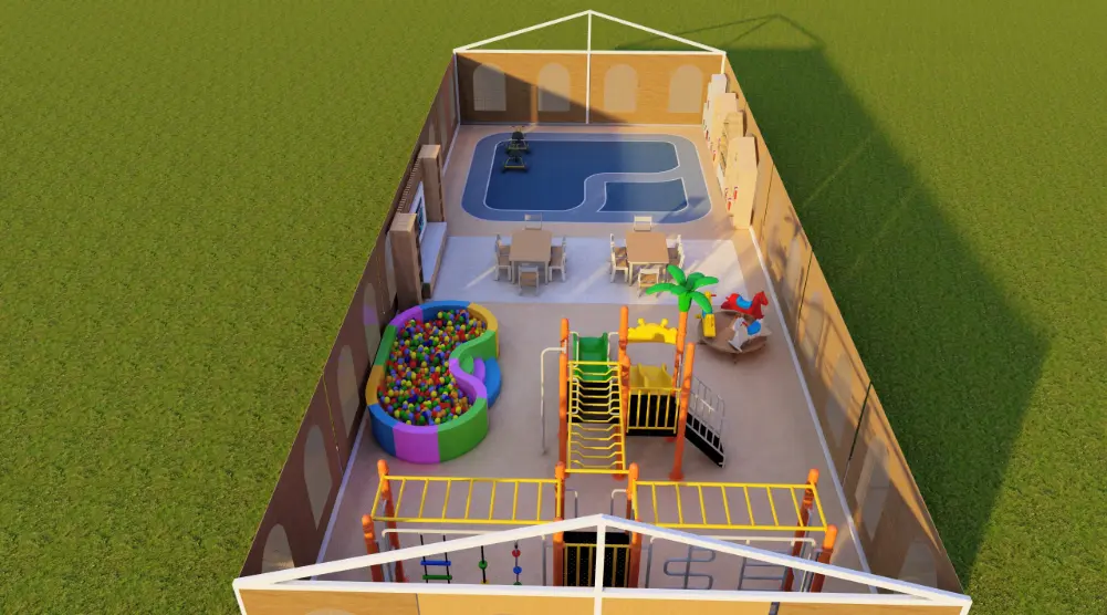 Lengthwise aerial view of a rectangular 17 × 7 m children’s play area with climbing equipment, slides, tables and a blue activity zone