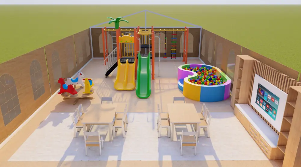 Front view of a children’s play and learning area with activity tables, slides, a ball pool and a wall activity panel