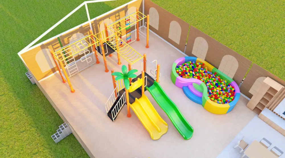 Elevated front view of yellow and green slides, climbing bars and a colorful ball pool in a children’s play area