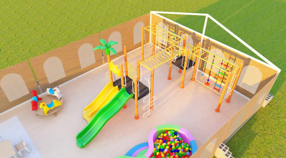 Raised side view of yellow and green playground slides connected to an orange and yellow climbing structure