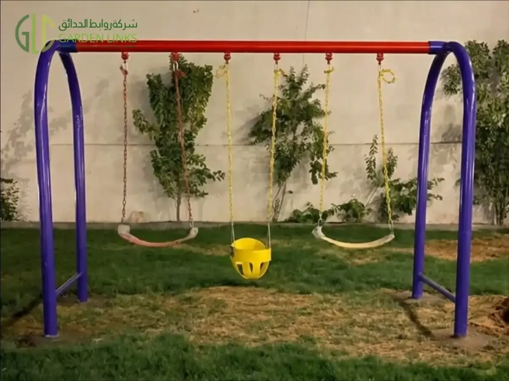 Purple and red three-seat swing frame with two standard seats and a yellow toddler bucket seat.