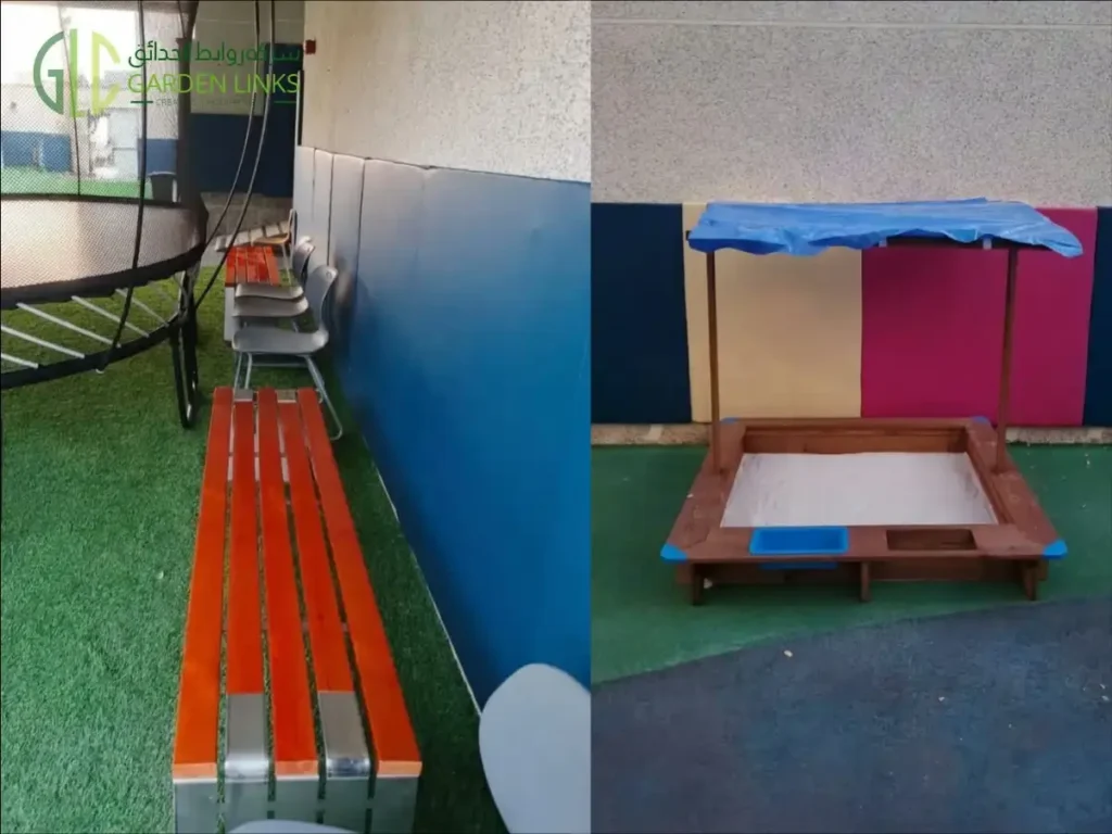 Two-panel image showing backless benches beside a trampoline and a wooden sandpit with a blue canopy.