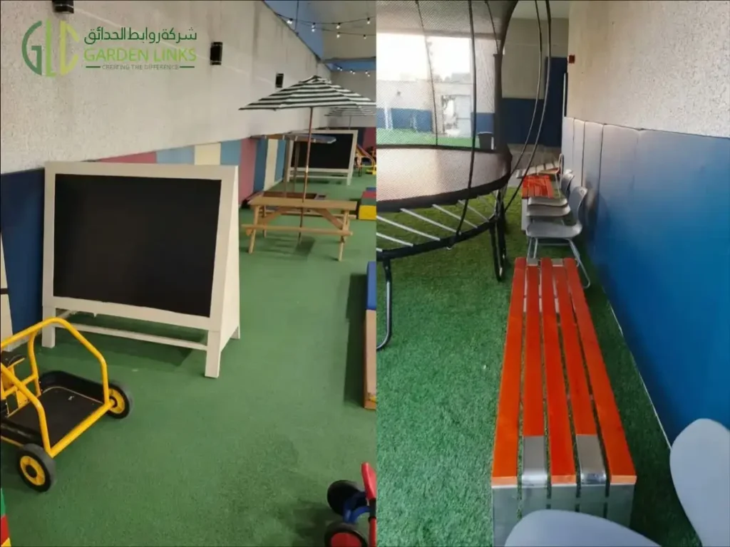 Two-panel image showing freestanding activity boards and a picnic table, alongside a net-enclosed trampoline and benches.