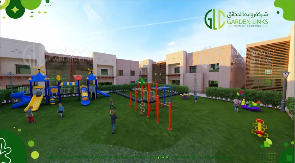 Wide angled view of a residential courtyard playground with slides, climbing bars and spring riders