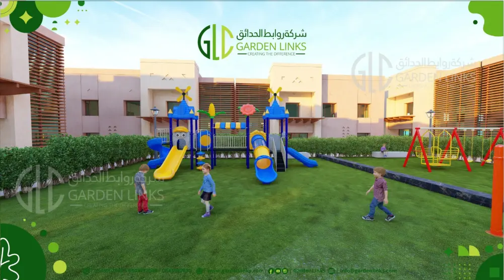 Front view of blue and yellow playground towers with multiple slides and nearby swings in a residential courtyard