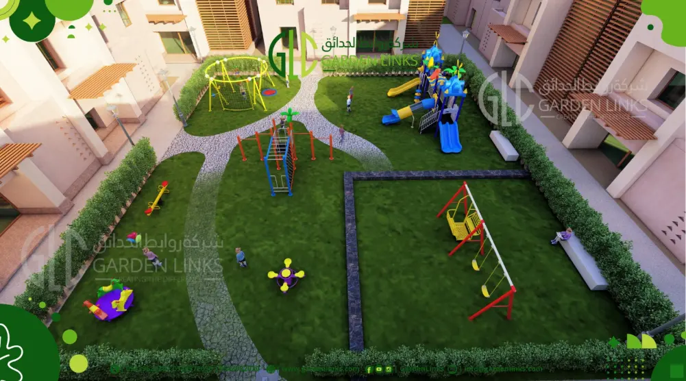 High aerial view of a residential courtyard playground with slides, circular swings, climbing equipment and curved paths