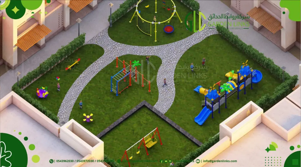 Aerial view of a 22 × 20 m courtyard playground with curved paths, slides, climbing activities and swings