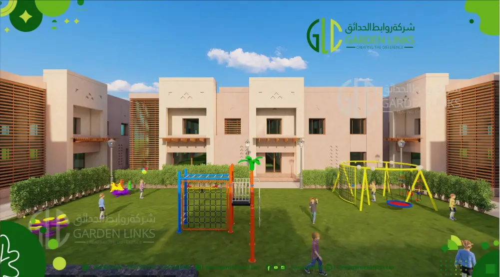 Wide front view of a residential courtyard with climbing activities, a circular swing structure and small play equipment