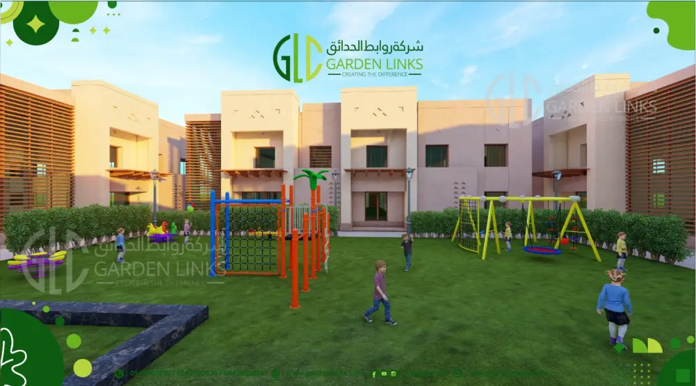 Residential courtyard playground with a colorful climbing frame and circular yellow swing structure