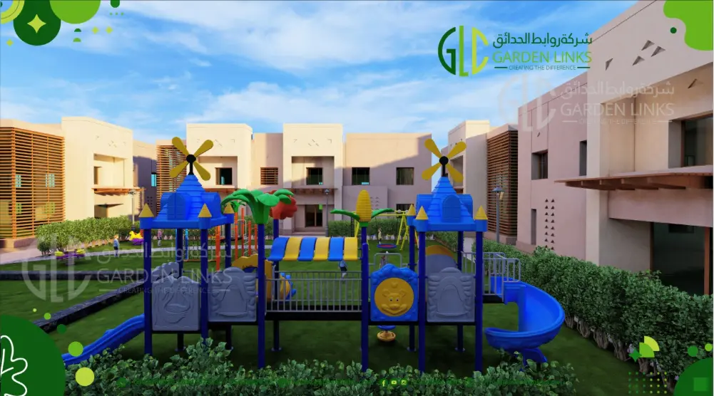 Close view of blue and yellow playground towers with slides and activity panels in a residential courtyard