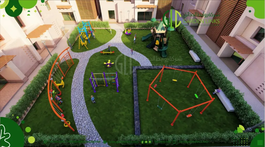 Aerial view of a 22 × 20 m courtyard playground with castle-themed towers, climbing frames and an orange polygonal swing structure