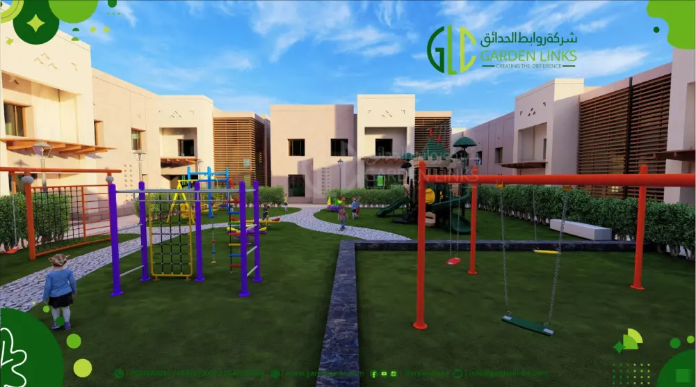 Courtyard playground with an orange swing frame in the foreground and a purple and yellow climbing structure behind