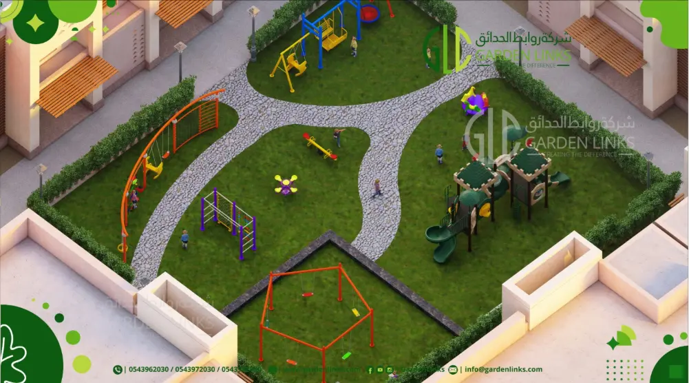 Elevated courtyard playground view with a green castle playset, colorful climbing equipment and curved paths