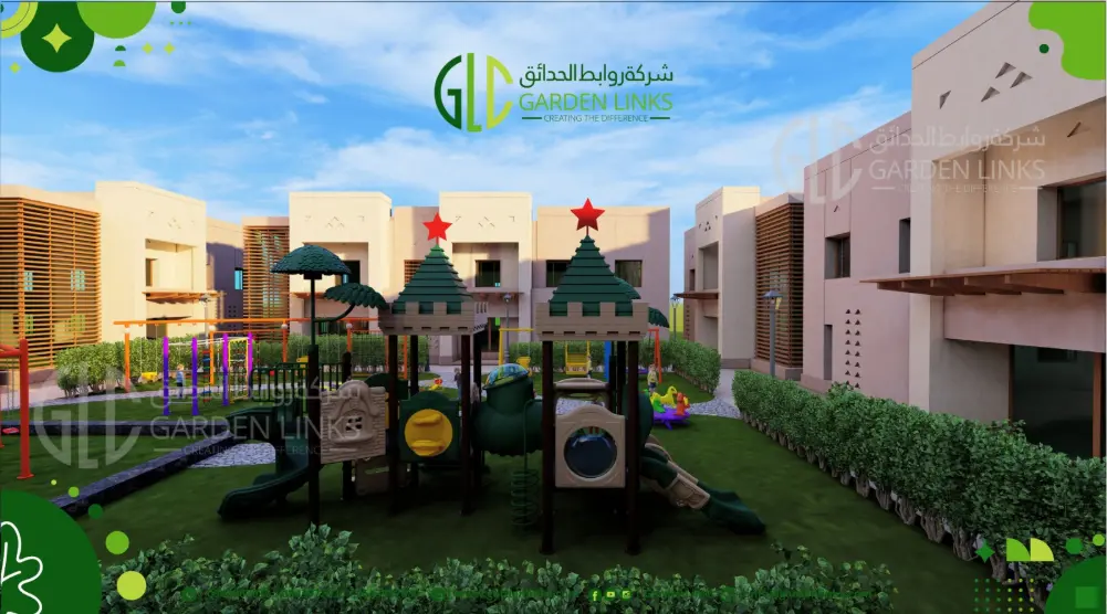 Close front view of a castle-themed playground with green roofs, red star decorations, slides and activity panels
