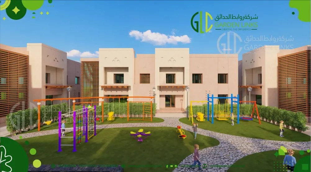 Wide courtyard view with purple and yellow climbing equipment, blue activity frames and small rotating play equipment