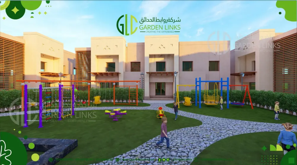 Residential courtyard playground with colorful climbing frames, orange swing structures and a curved paved path