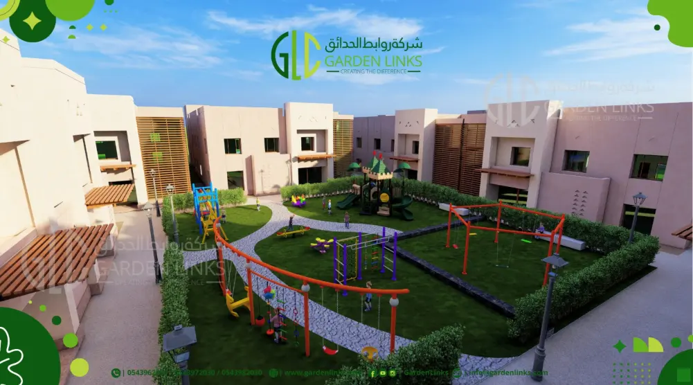 Wide elevated view of a residential courtyard playground with castle towers, swings, climbing equipment and landscaped paths