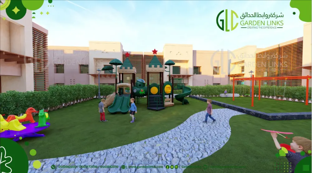 Front view of a green castle playground with slides beside a curved path, rotating play equipment and swings