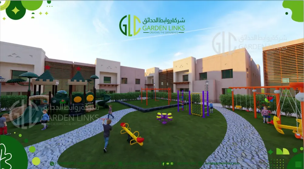 Aerial view of a 22 × 20 m courtyard playground with castle-themed towers, climbing frames and an orange polygonal swing structure