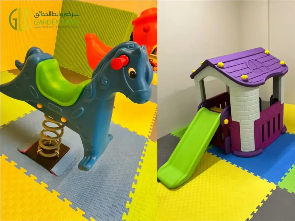 Two product views showing a blue horse spring rider and a toddler playhouse with a green slide.
