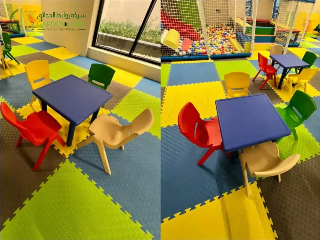 Two views of children’s activity tables with colorful chairs beside an indoor ball pool.