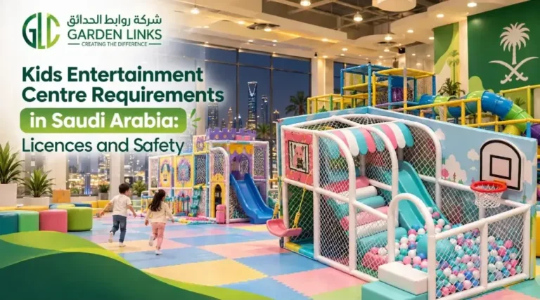 Garden Links banner showing an indoor children’s play area with slides, a ball pit, netted play structures and colourful flooring.