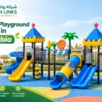 Wholesale playground equipment in Saudi Arabia: castle-themed playset with slides, tube slide and swings on colourful rubber flooring
