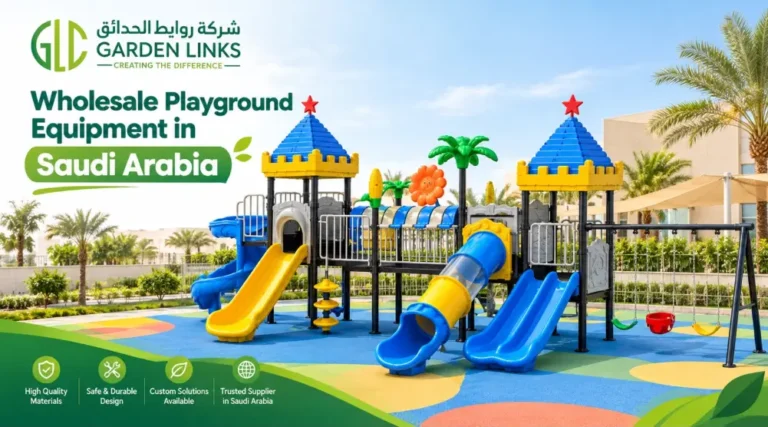Wholesale playground equipment in Saudi Arabia: castle-themed playset with slides, tube slide and swings on colourful rubber flooring
