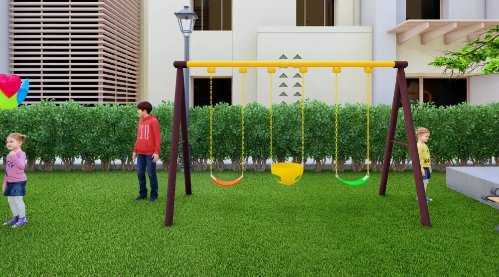 Three-seat swing with two standard seats and a yellow toddler seat in a 3D playground equipment design