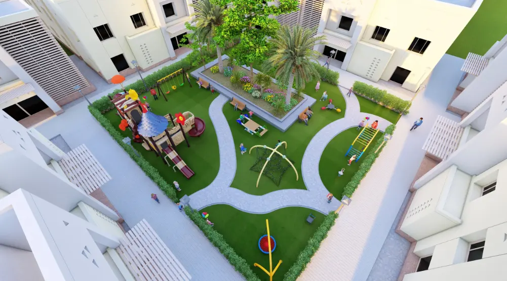 High aerial view of a 20 × 22 m 3D playground equipment design with separate play zones and a central landscaped seating area