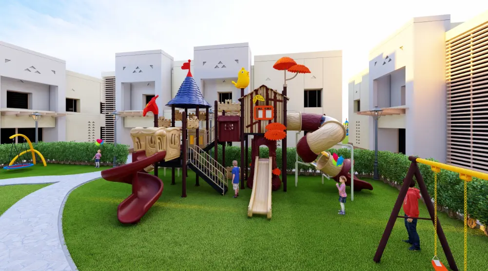 Themed multi-play towers with open and enclosed slides in a residential courtyard 3D playground equipment design