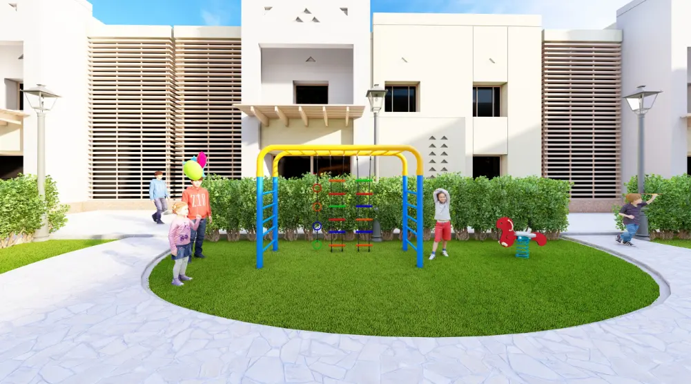 Yellow and blue climbing frame with rope activities and a nearby spring rider in a 3D playground equipment design