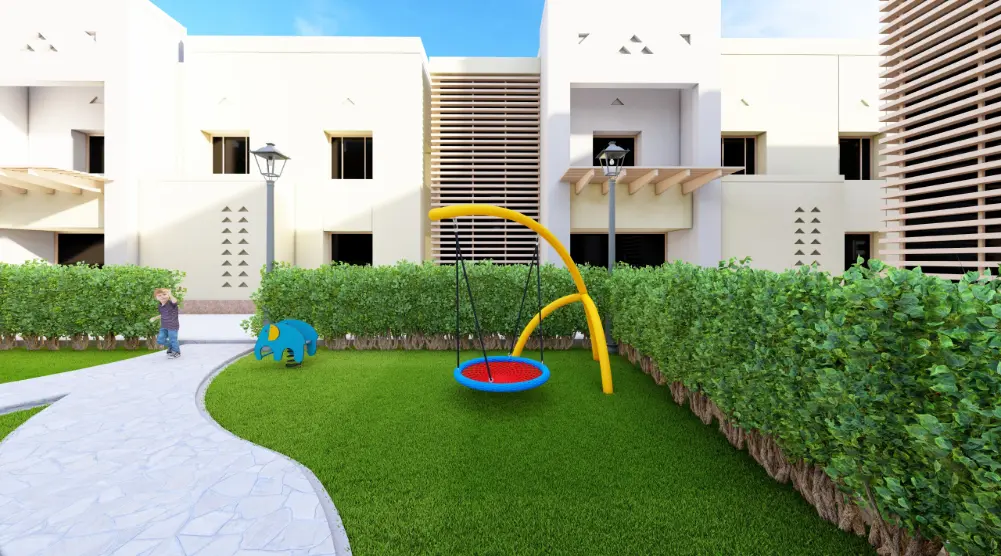 Curved yellow basket swing frame with a red and blue seat in a landscaped 3D playground equipment design