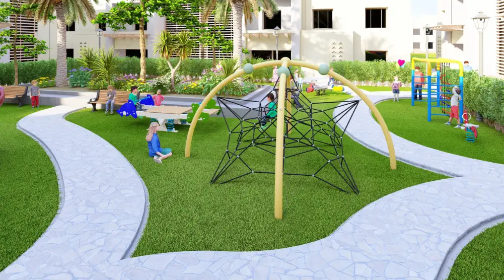 Arched rope climbing structure in a 3D playground equipment design with curved paths and landscaped seating behind