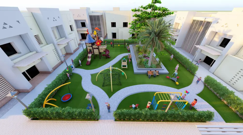 Elevated view of a 3D playground equipment design with play towers, rope climbing, a basket swing and curved paths