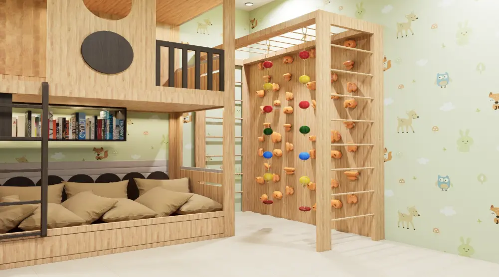 Wooden climbing wall with colorful holds, vertical ladders and overhead bars beside an elevated indoor playhouse