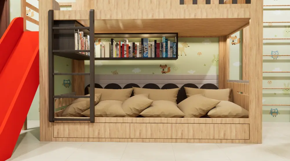Front view of a cushioned reading nook with a bookshelf and ladder beneath a wooden play platform
